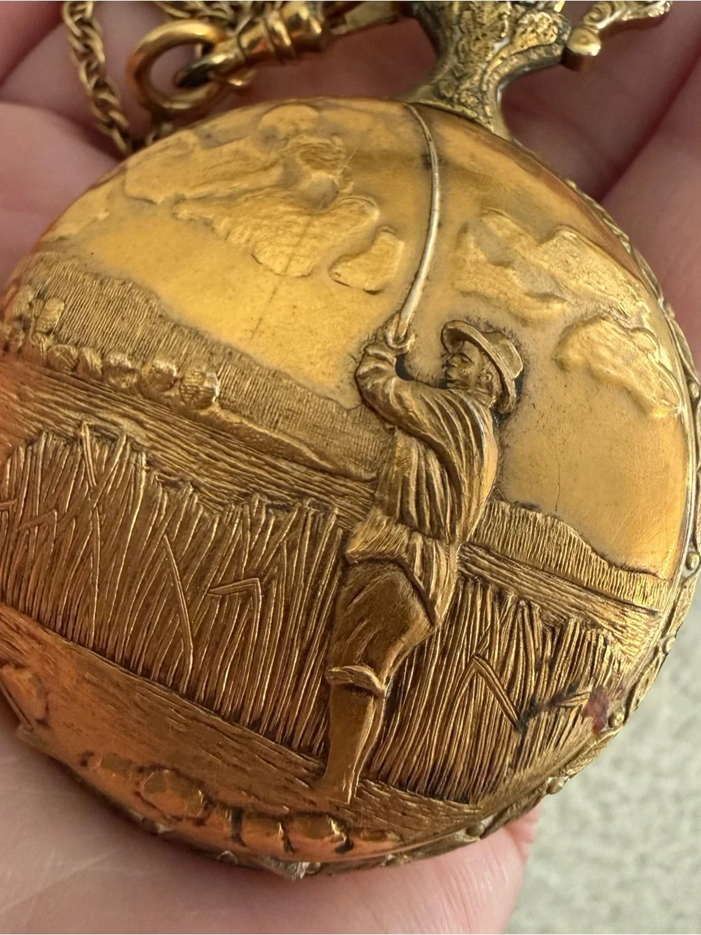 Vintage ARNEX 17 Jewel Incabloc Swiss Fisherman Gold Plated Chain Pocket Watch